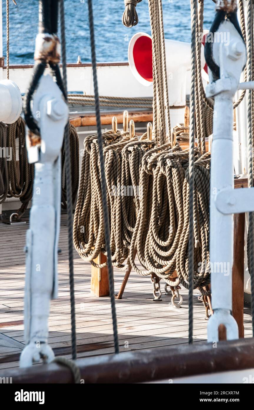Around Oslo - Close up of rigging on the Christian Radich - Norwegian full rigged ship Stock Photo