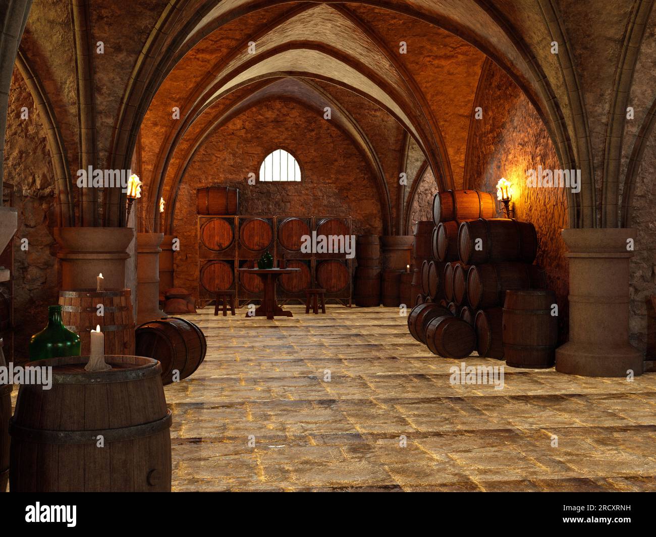 3D digital rendering of a dark medieval cellar with barrels of wine ...