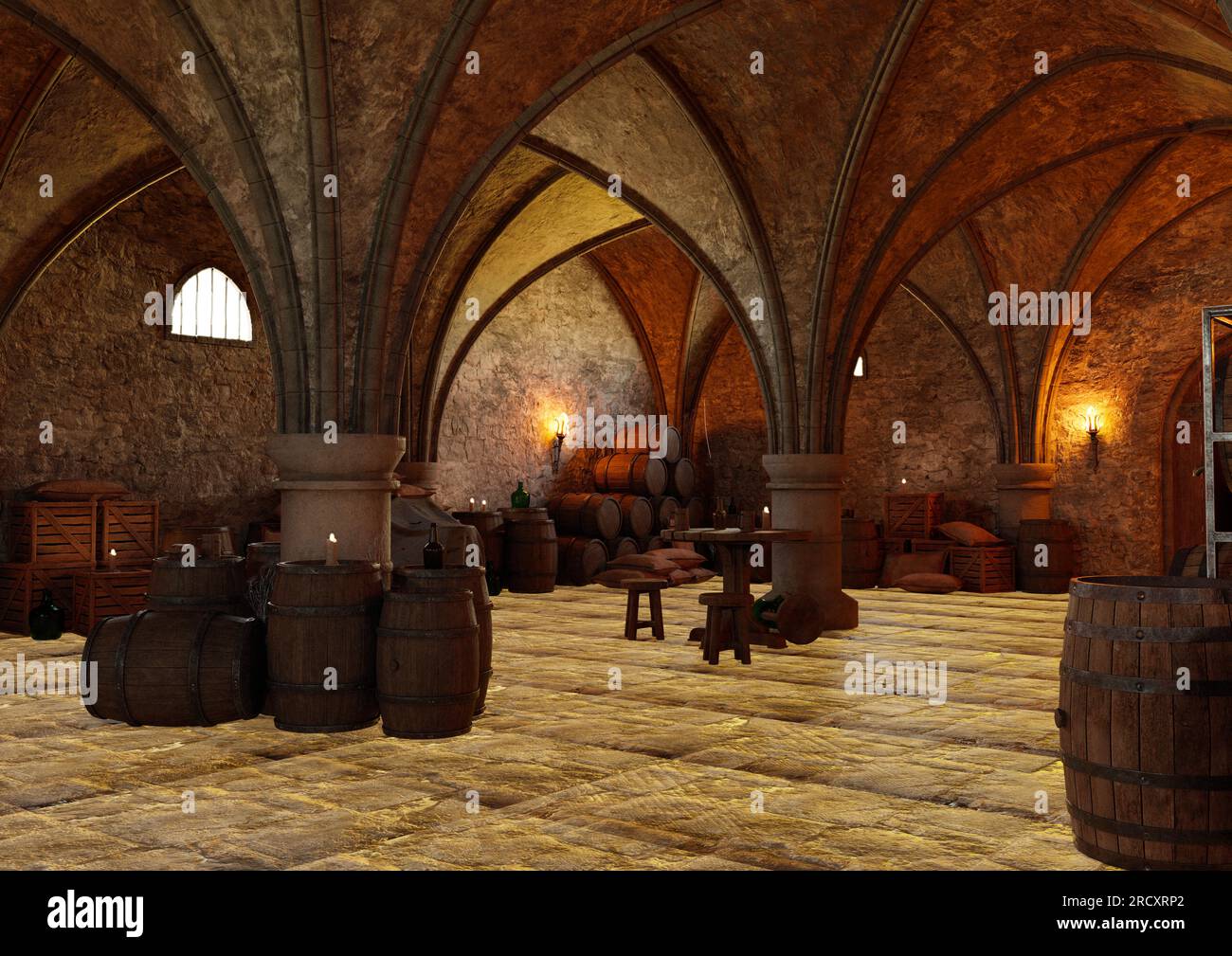 3D digital rendering of a dark medieval cellar with barrels of wine ...