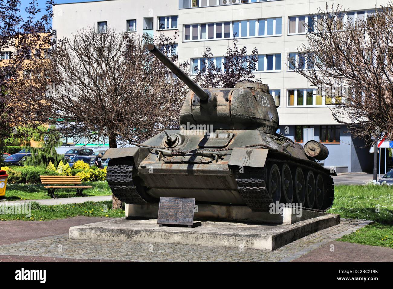 GLIWICE, POLAND - MAY 11, 2021: Historic T-34 tank monument in Gliwice city in Poland, one of largest cities of Upper Silesian metropolitan area. Stock Photo
