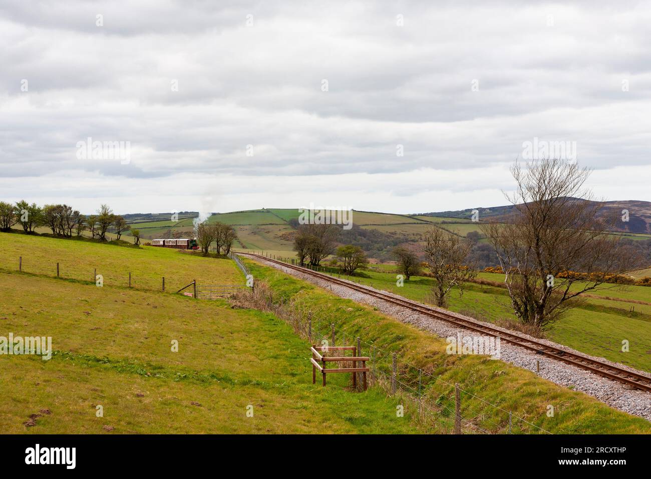 Steam train appearing around the bend and approaching Woody Bay station