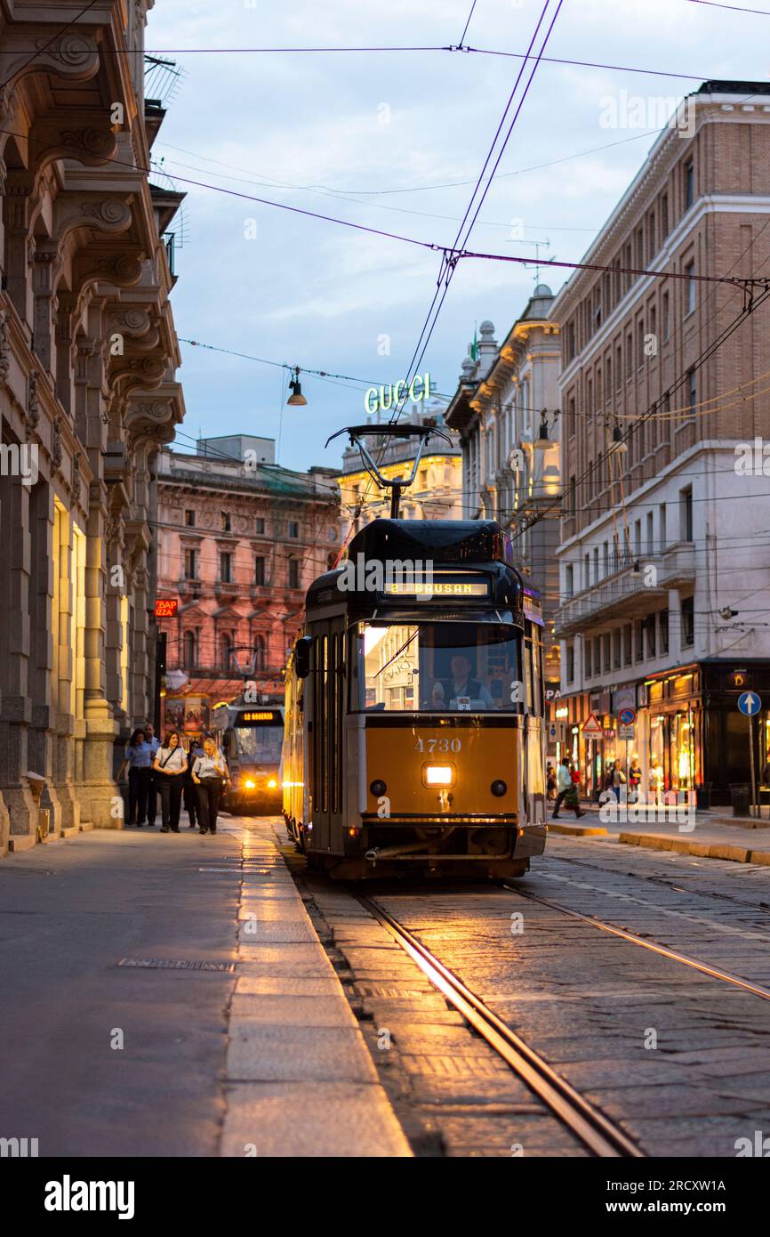 Vintage tram in the evening light - Milan, Italy Stock Photo