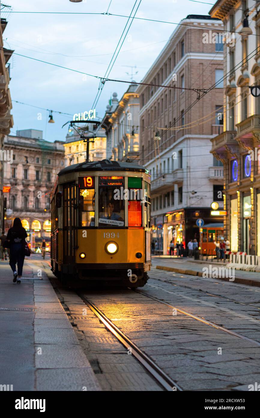 Vintage tram on Via Orefici - Milan, Italy Stock Photo