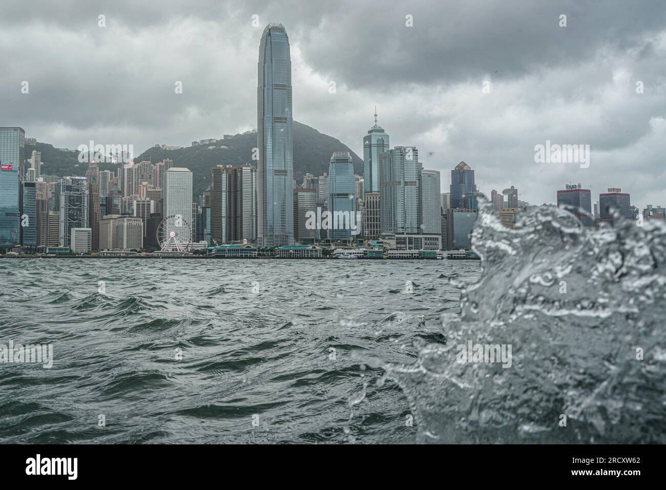 General view of Victoria Harbour during the No.8 Warning signal. In the  early hours of July 17th, as Typhoon Talim approaches Hong Kong, the Hong  Kong Observatory issues the Typhoon No.8 Warning
