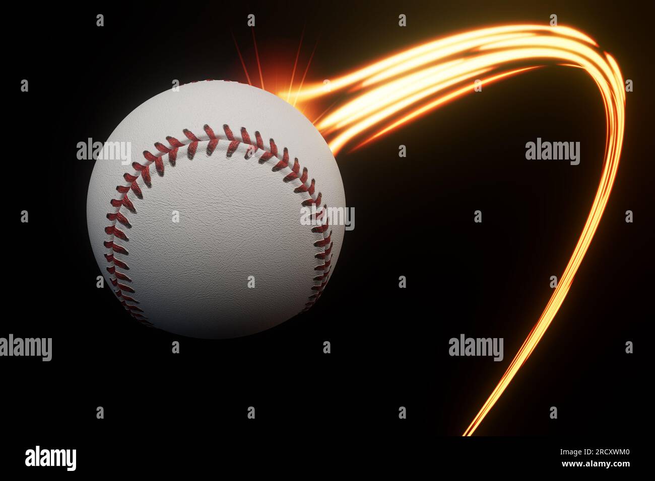 A baseball sport ball flying through the air with a flowing travelling trail of glowing wispy lights on an isolated background - 3D render Stock Photo