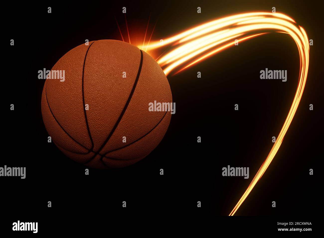 A basketball sport ball flying through the air with a flowing travelling trail of glowing wispy lights on an isolated background - 3D render Stock Photo