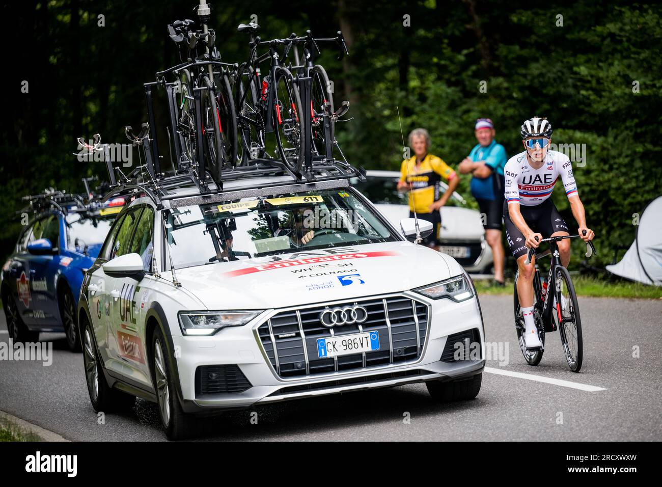 Saint Gervais Les Bains, France. 17th July, 2023. Slovenian Tadej Pogacar of UAE Team Emirates pictured in action during the second rest day of the Tour de France cycling race, in Saint-Gervais-Les-Bains, France, on Monday 17 July 2023. This year's Tour de France takes place from 01 to 23 July 2023. BELGA PHOTO JASPER JACOBS Credit: Belga News Agency/Alamy Live News Stock Photo
