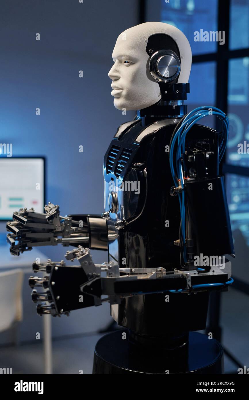 Vertical image of programming robot cyborg in the laboratory Stock ...