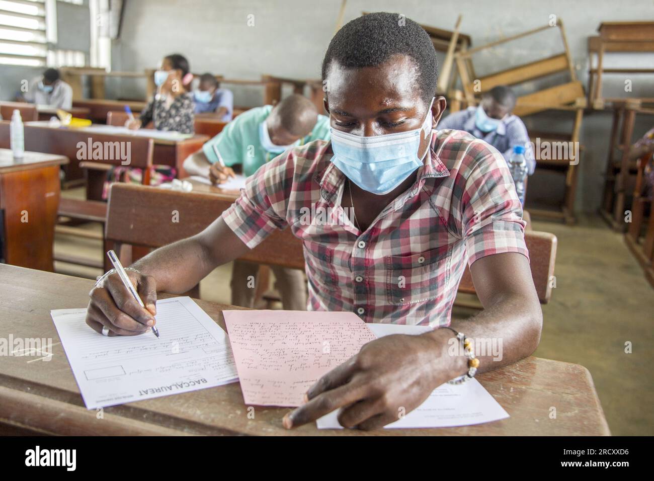 Baccalaureate candidates during a test at the Paul Indjendjet-Gondjout high school in Libreville, August 20, 2020 Stock Photo