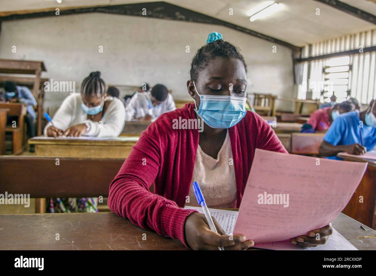 A young baccalaureate candidate during a test at the Paul Indjendjet-Gondjouta high school in Libreville, August 20, 2020 Stock Photo