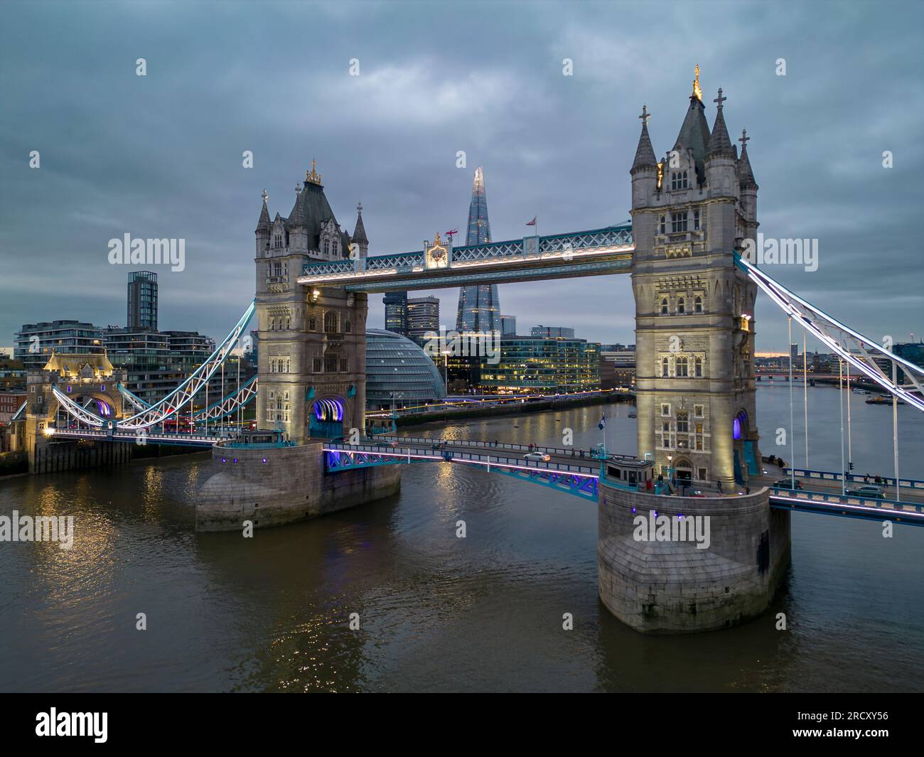 Aerial view of Tower Bridge at dusk, London, England Stock Photo