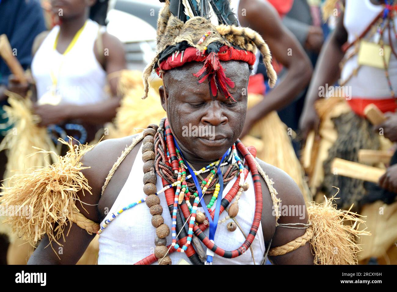 Congolese traditional artist during an exhibition in Sibiti (located between Brazzaville and Pointe-Noire), during an official ceremony, 13 August 2014 Stock Photo