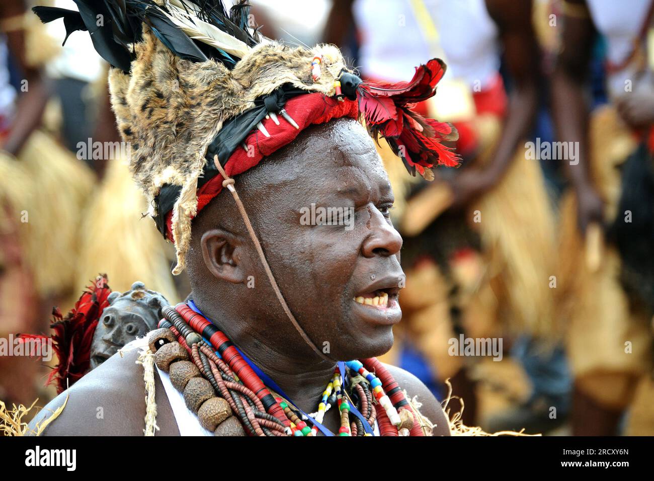 Congolese traditional artist during an exhibition in Sibiti (located between Brazzaville and Pointe-Noire), during an official ceremony, 13 August 2014 Stock Photo