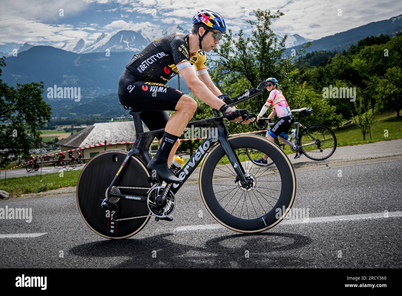 Saint Gervais Les Bains, France. 17th July, 2023. Belgian Wout van Aert of Team Jumbo-Visma pictured in action during the second rest day of the Tour de France cycling race, in Saint-Gervais-Les-Bains, France, on Monday 17 July 2023. This year's Tour de France takes place from 01 to 23 July 2023. BELGA PHOTO JASPER JACOBS Credit: Belga News Agency/Alamy Live News Stock Photo
