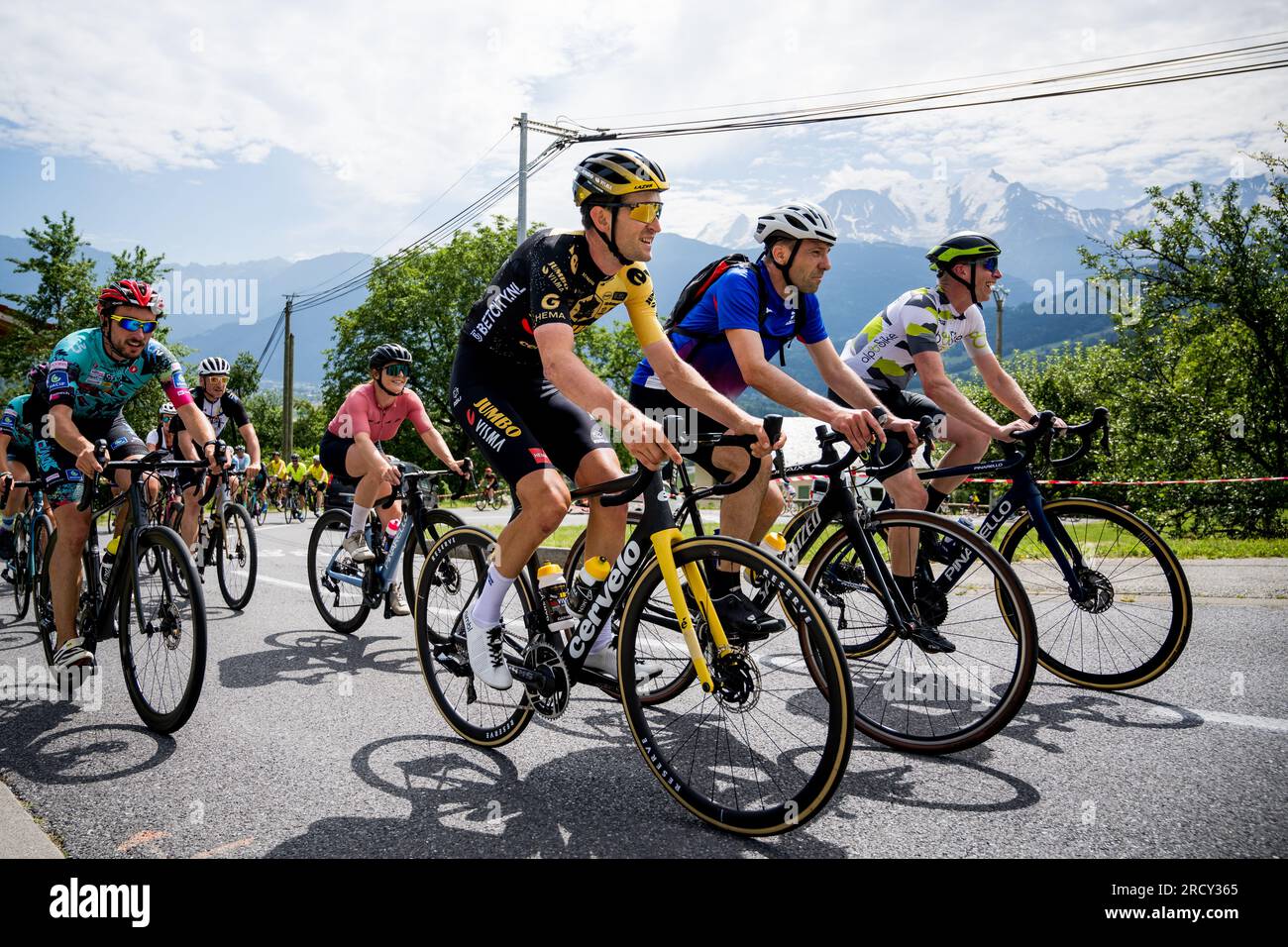 Saint Gervais Les Bains, France. 17th July, 2023. Belgian Tiesj Benoot of Jumbo-Visma pictured in action during the second rest day of the Tour de France cycling race, in Saint-Gervais-Les-Bains, France, on Monday 17 July 2023. This year's Tour de France takes place from 01 to 23 July 2023. BELGA PHOTO JASPER JACOBS Credit: Belga News Agency/Alamy Live News Stock Photo