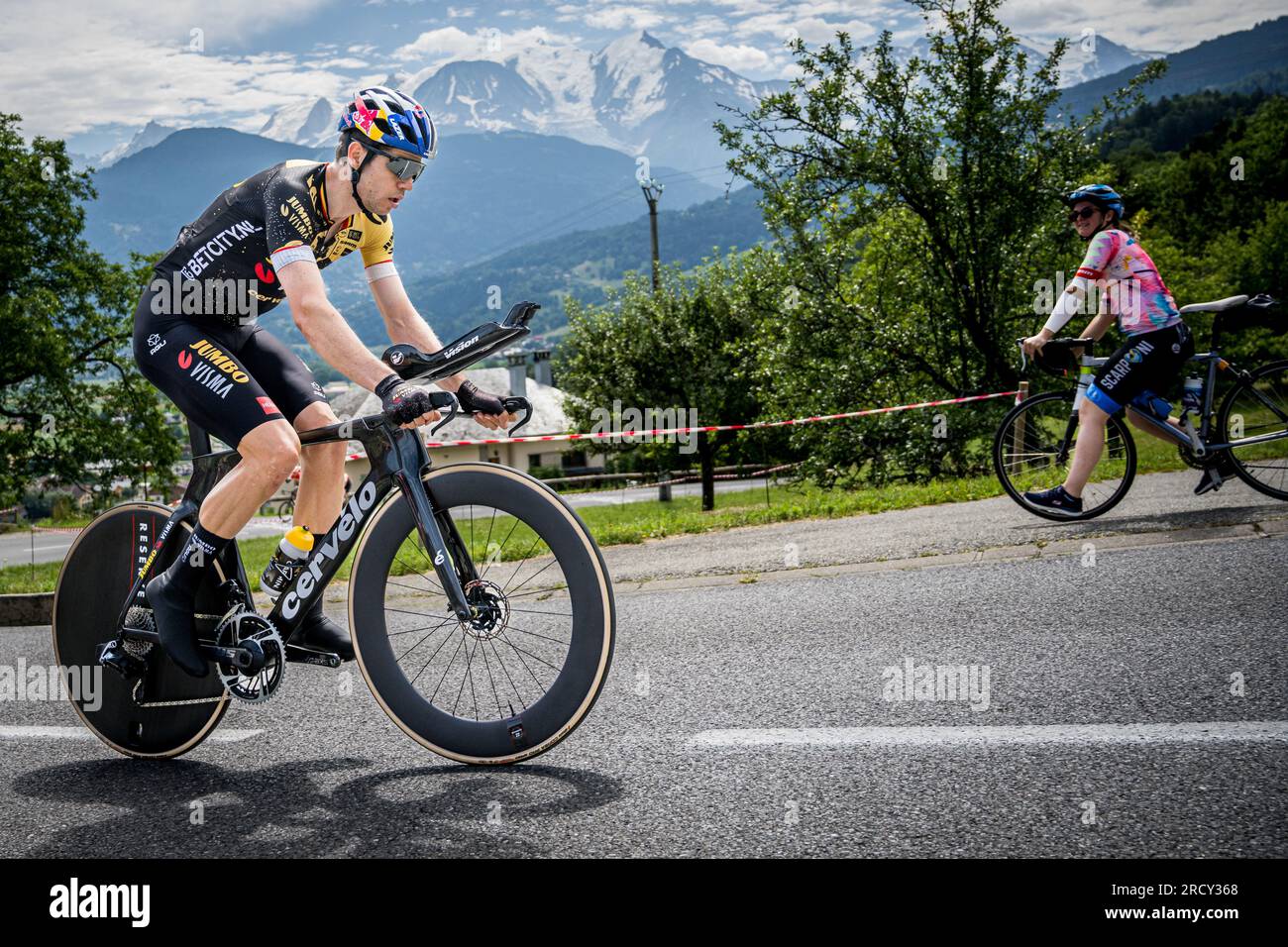 Saint Gervais Les Bains, France. 17th July, 2023. Belgian Wout van Aert of Team Jumbo-Visma pictured in action during the second rest day of the Tour de France cycling race, in Saint-Gervais-Les-Bains, France, on Monday 17 July 2023. This year's Tour de France takes place from 01 to 23 July 2023. BELGA PHOTO JASPER JACOBS Credit: Belga News Agency/Alamy Live News Stock Photo