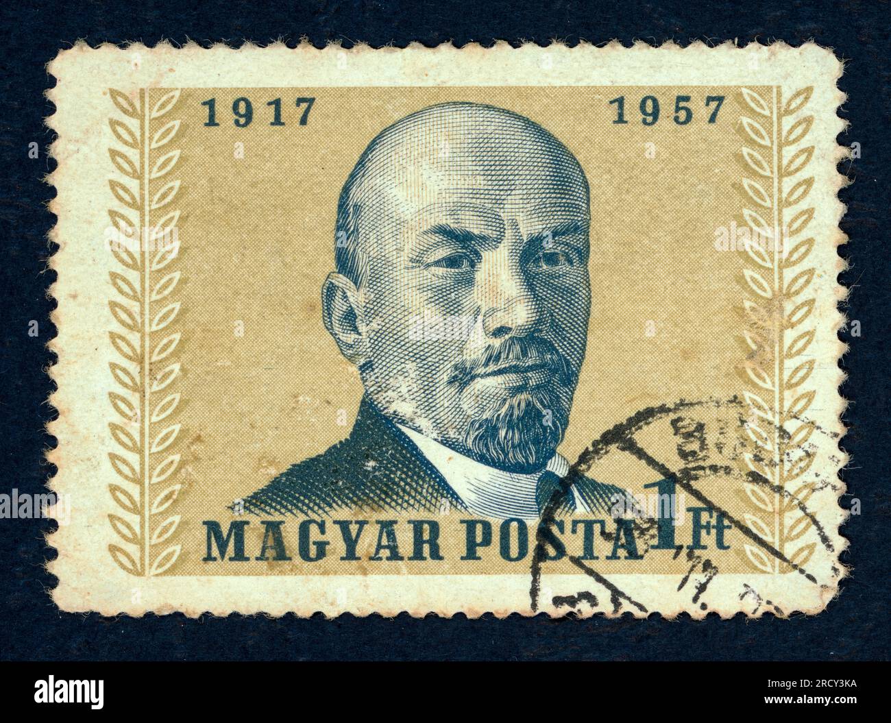 Vladimir Lenin. 40th Anniversary of the Bolshevik Revolution. Issued in 1957. Magyar Posta (Hungarian Post). Face Value: 1 Ft (one Hungarian Forint). Stock Photo