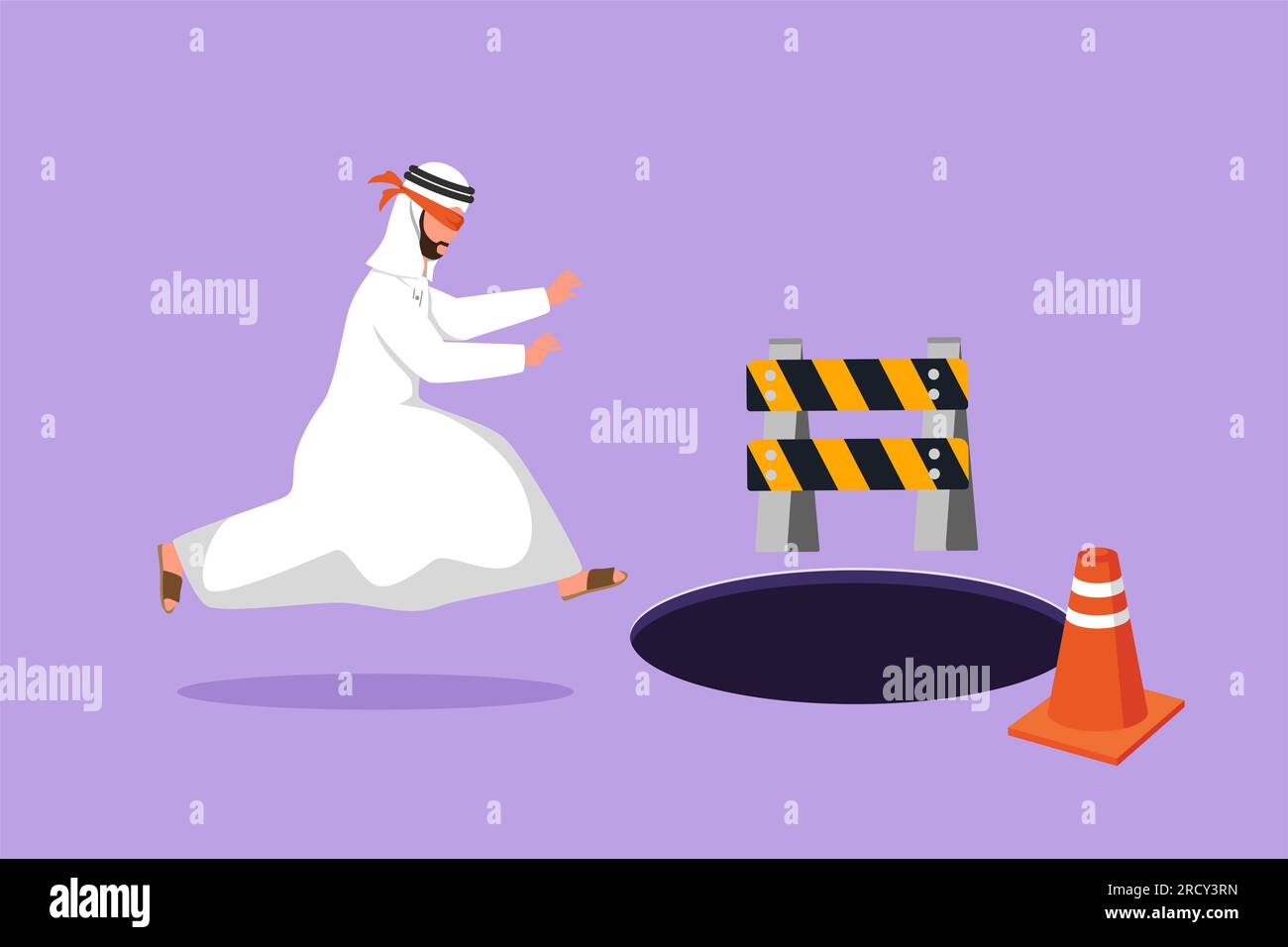 Cartoon flat style drawing blindfolded young businessman running to find money with pit hole. Arabian male manager runs to business trap. Blind invest Stock Photo