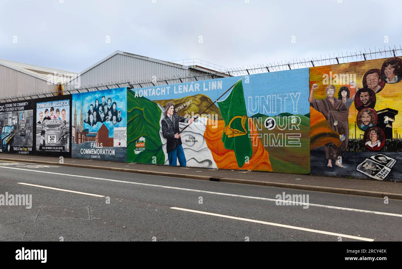 Peace Wall murals painted in West Belfast, the Troubles and Peace