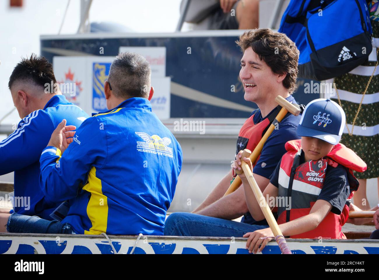Dartmouth, Nova Scotia, Canada. July 17th, 2023. Canadian Prime Minister Justin Trudeau rides an Indigenous Canoe at the opening of the Canoe competition at the North American Indigenous Games. Credit: meanderingemu/Alamy Live News Stock Photo