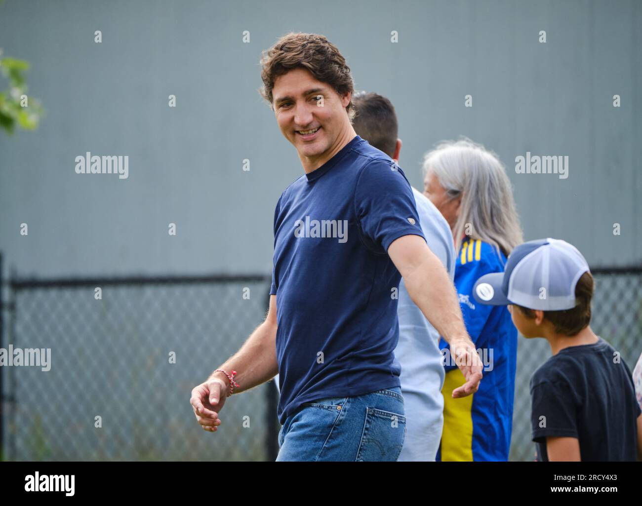 Dartmouth, Nova Scotia, Canada. July 17th, 2023. Canadian Prime Minister Justin Trudeau arrives to ride an Indigenous Canoe at the opening of the Canoe competition at the North American Indigenous Games. Stock Photo