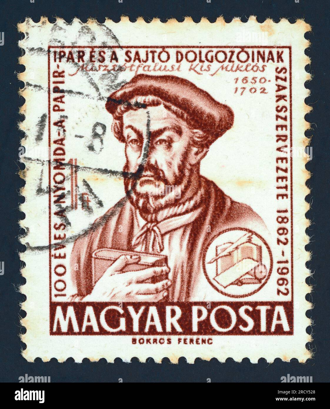 Miklós Tótfalusi Kis (Hungarian: Misztótfalusi Kis Miklós) (1650 – 1702) Stamp issued in Hungary on the 100th Anniversay of the founding of the Trade Union of Printers (1862 – 1862). Face value: 1 Ft – Hungarian forint. Stock Photo