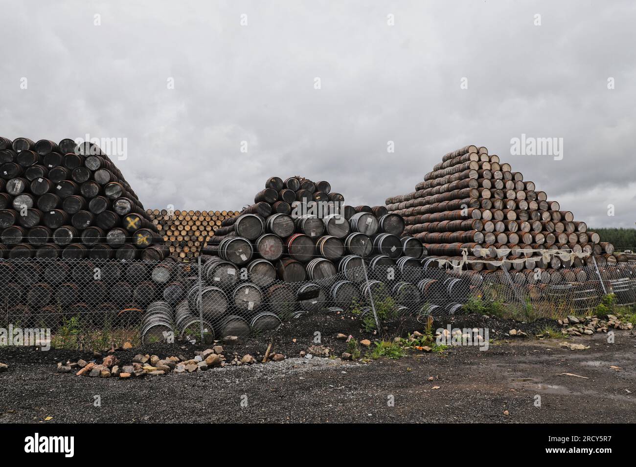 Stacks of barrels Speyside Cooperage near Craigellachie Moray Scotland