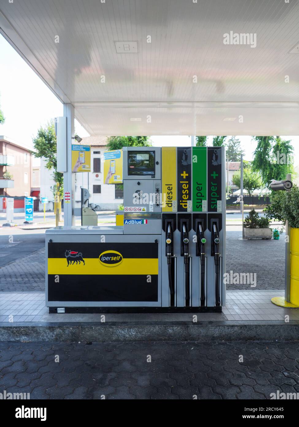 Cremona, Italy July 3 20223 Self service modern fuel pump at Eni Agip