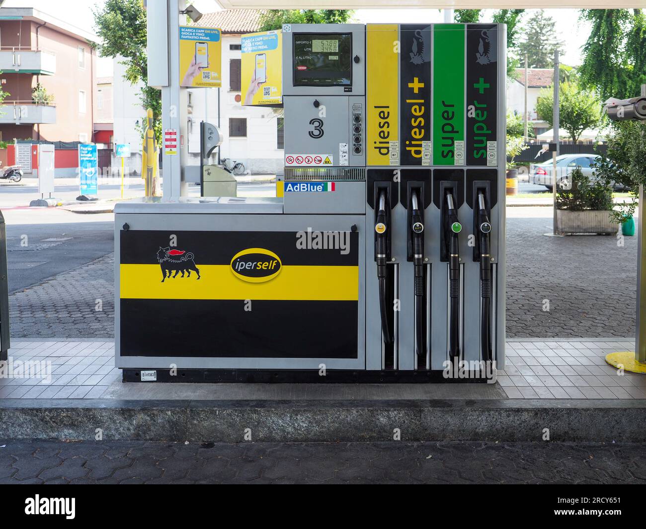 Cremona, Italy July 3 20223 Self service modern fuel pump at Eni Agip