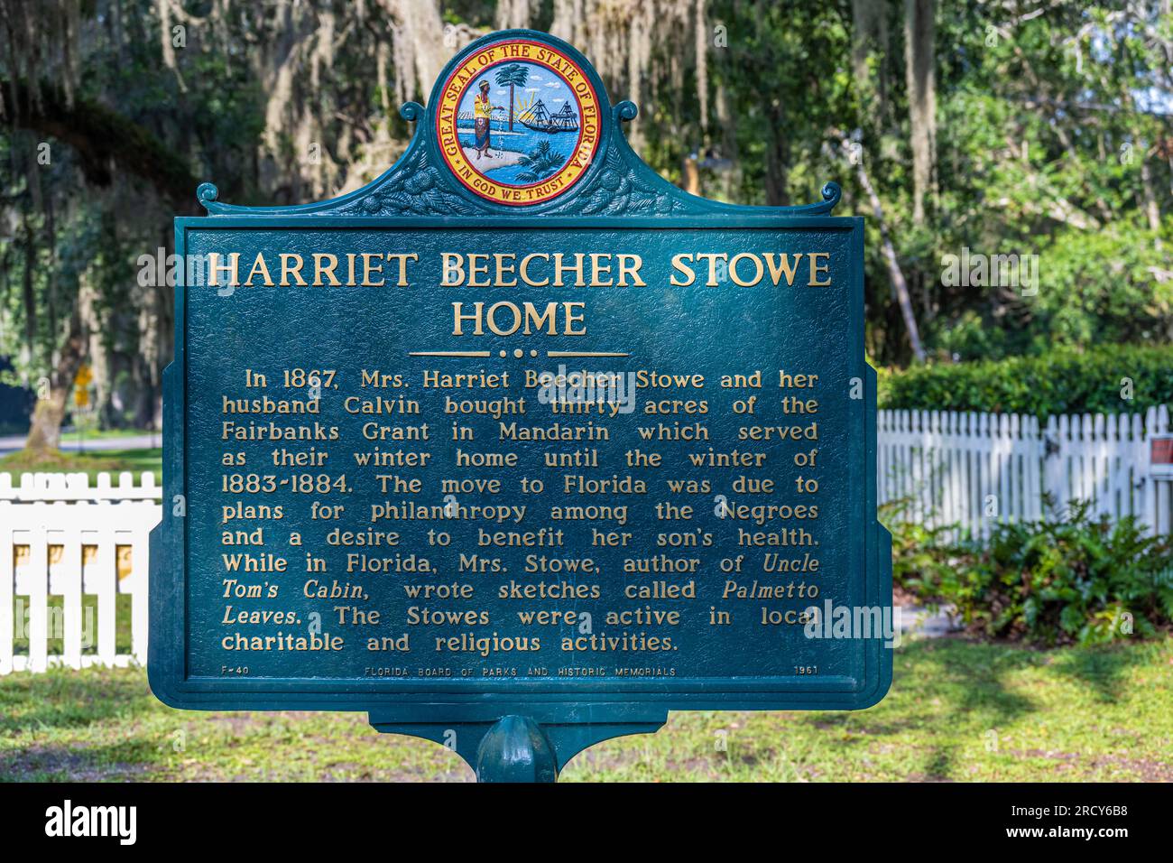 Historical marker for the winter home of Harriet Beecher Stowe, abolitionist author of Uncle Tom's Cabin, along the St. Johns River in Mandarin, FL. Stock Photo
