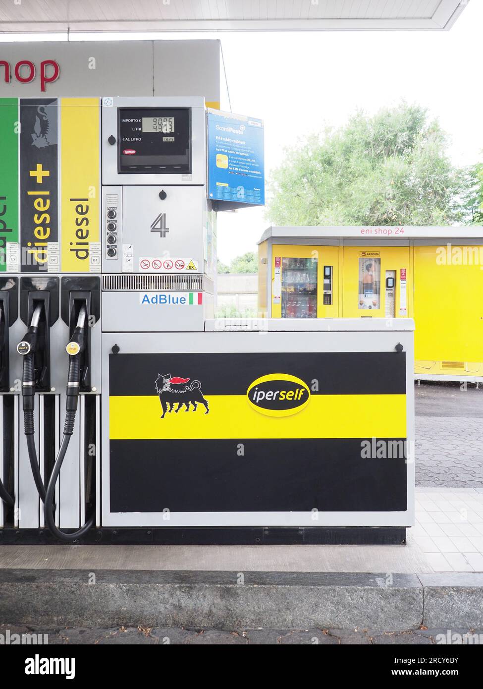 Cremona, Italy July 3 20223 Self service modern fuel pump at Eni Agip