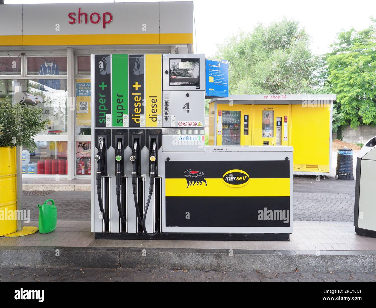 Cremona, Italy July 3 20223 Self service modern fuel pump at Eni Agip