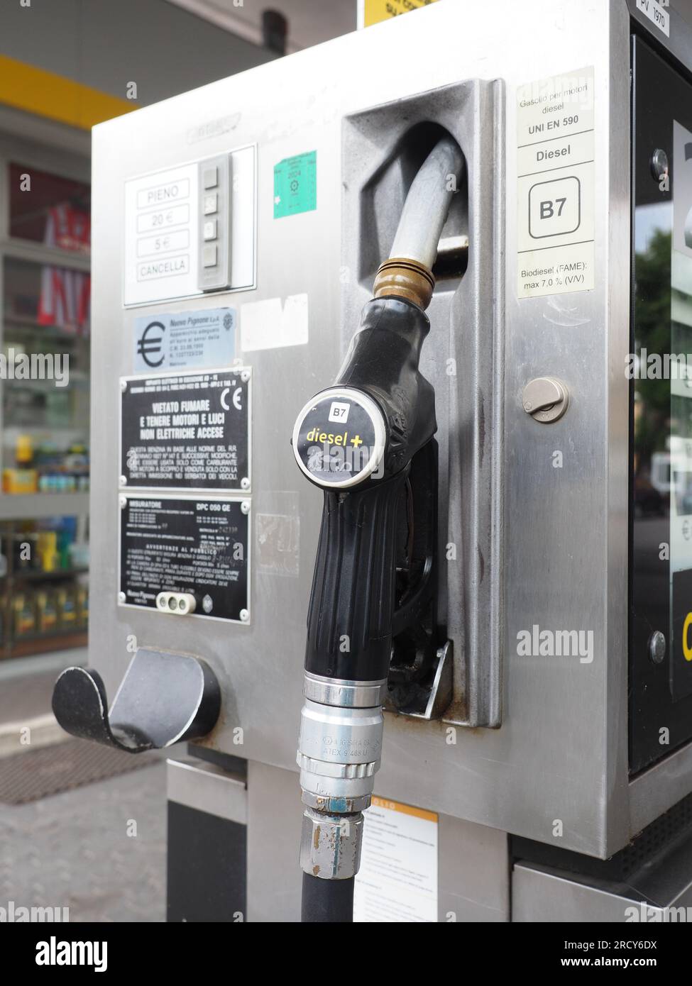 Cremona, Italy July 3 20223 Self service vintage fuel pump at Eni