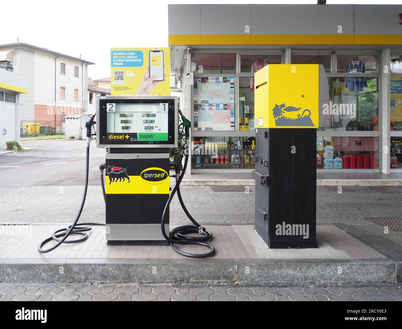Cremona, Italy July 3 20223 Self service vintage fuel pump at Eni