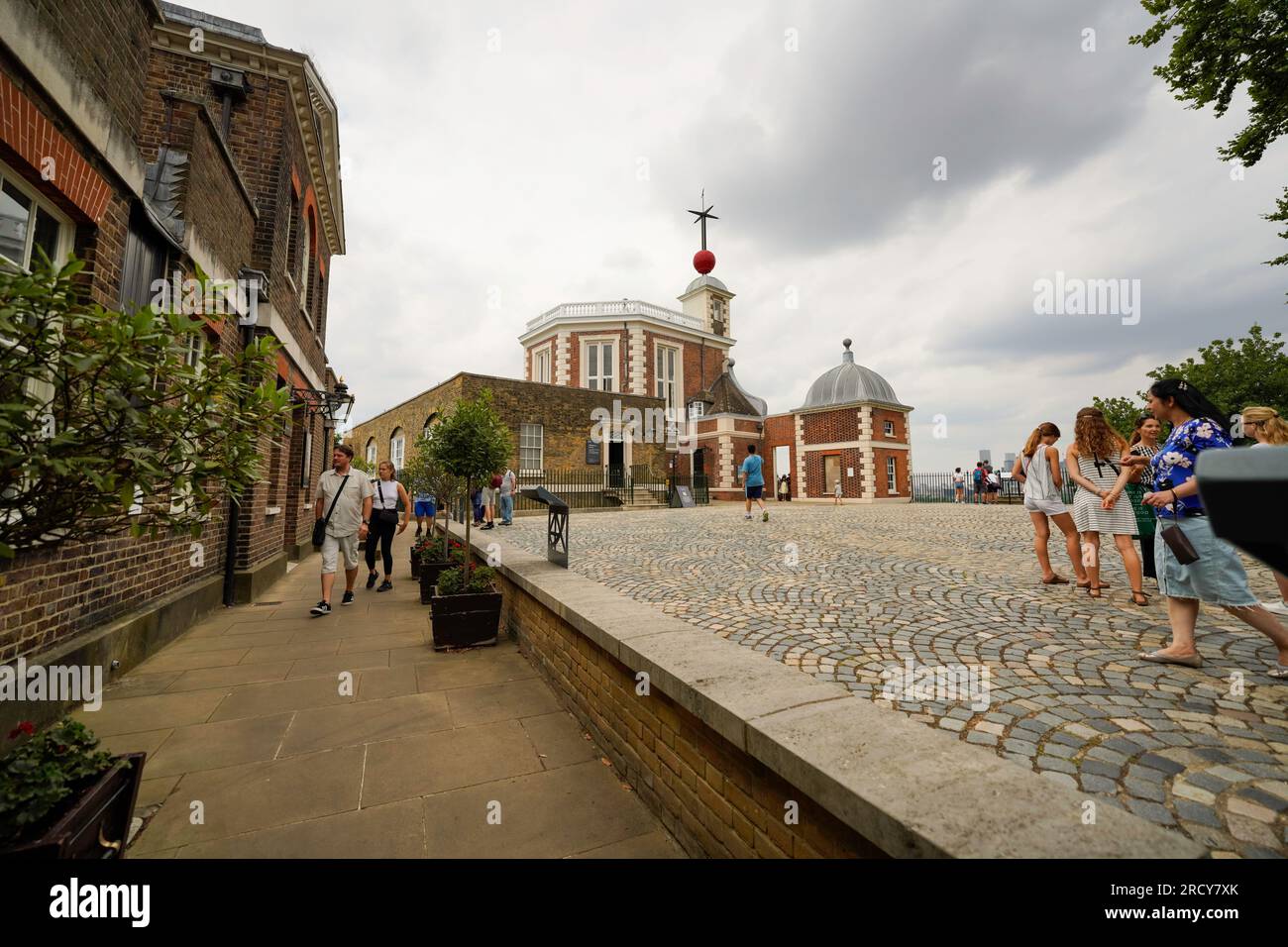 Royal Observatory Greenwich, London. See the Flamsteed House, Octagon Room, Great Equatorial Telescope, Time Ball and stand on the Prime Meridian Line Stock Photo