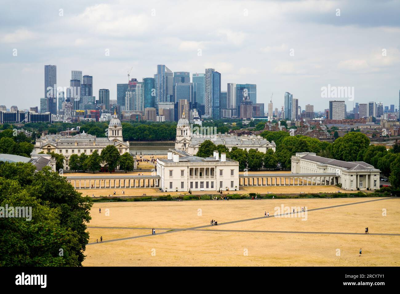 Greenwich cityscape. Historic London borough, located on the Thames river and home to the Royal Observatory, Old Royal Naval College, Maritime Museum. Stock Photo
