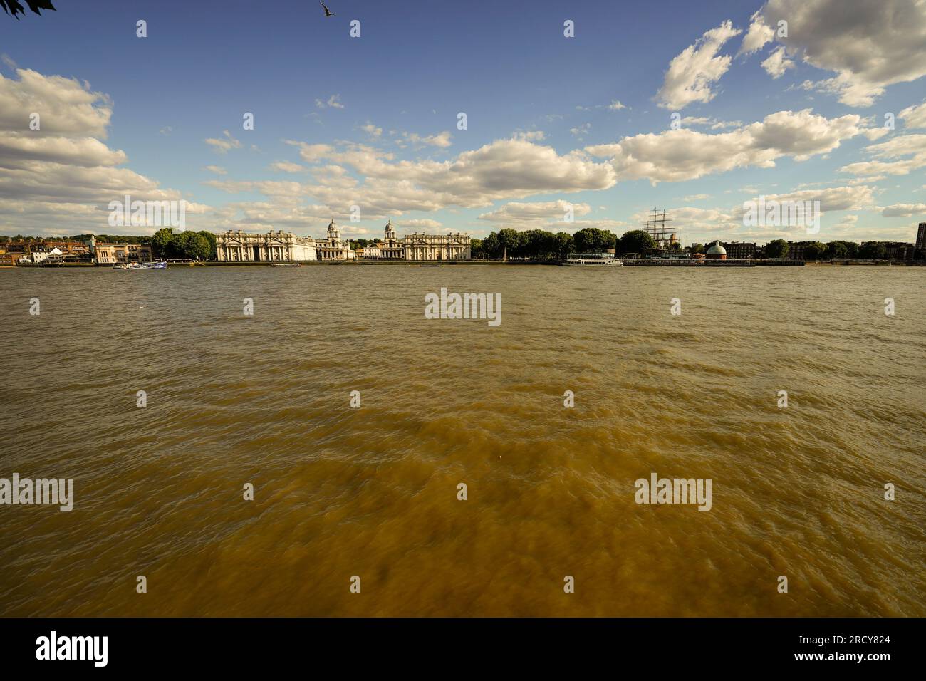 Greenwich, London cityscape from the River Thames. This Royal London borough is famous for its history and popular museums. Visit the observatory. Stock Photo