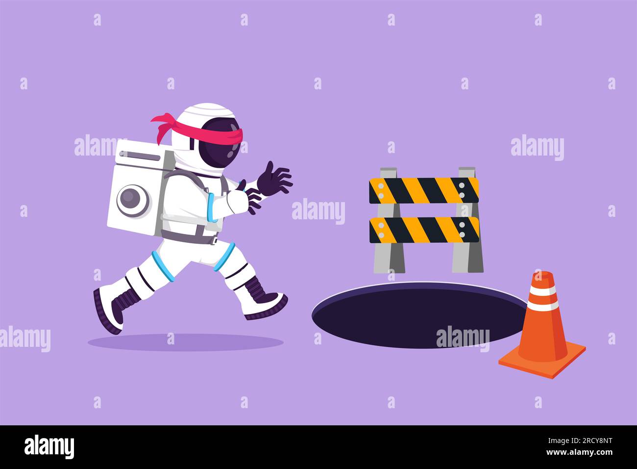 Cartoon flat style drawing blindfolded young astronaut running to find money with pit hole in moon surface. Blind investment metaphor. Cosmonaut deep Stock Photo