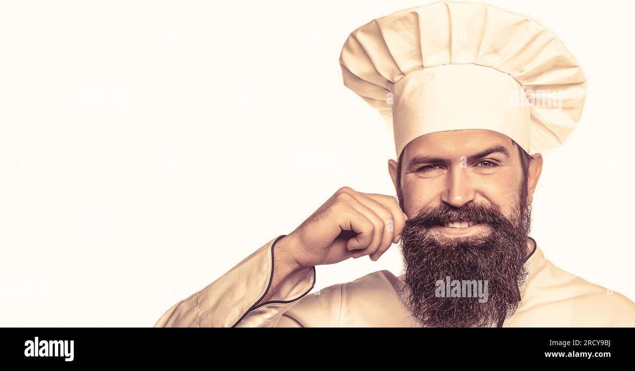 Beard man and moustache wearing bib apron. Bearded chef, cooks or baker