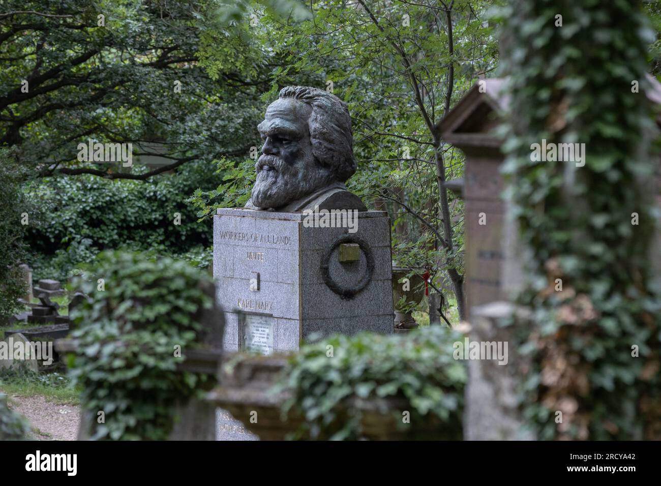 London, UK- 16 July 2023: Tomb of Karl Marx, Highgate East Cemetery, in London, England. Stock Photo