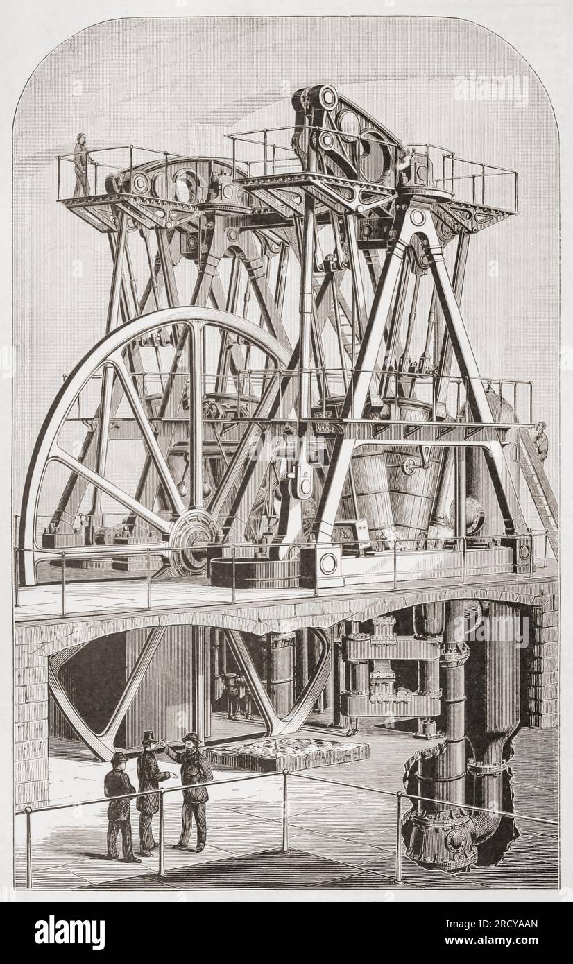 19th century Leavitt steam pumping engine. After an illustration in Appletons' Cyclopaedia of Applied Mechanics, published 1880. Stock Photo