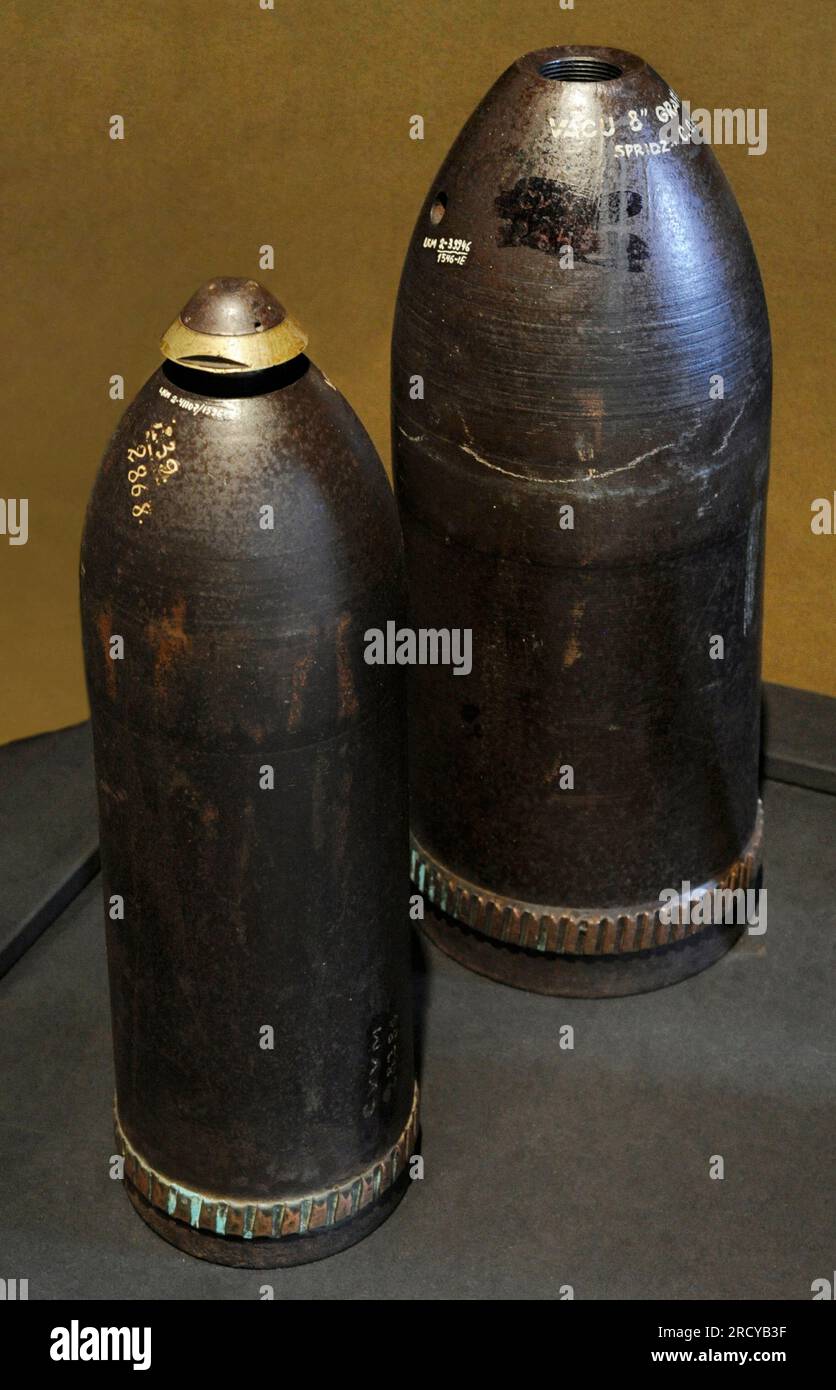 First World War (1914-1918). Germany. 150 mm artillery shell grenade (left) and 205 mm artillery shell grenade without a fuse (right). Latvian War Museum. Riga. Latvia. Stock Photo