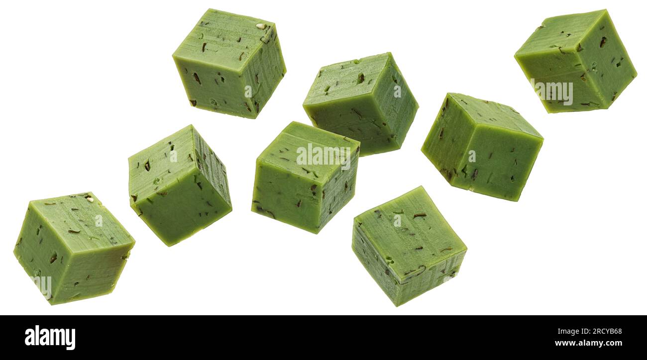 Green cheese pesto cubes isolated on white background Stock Photo Alamy