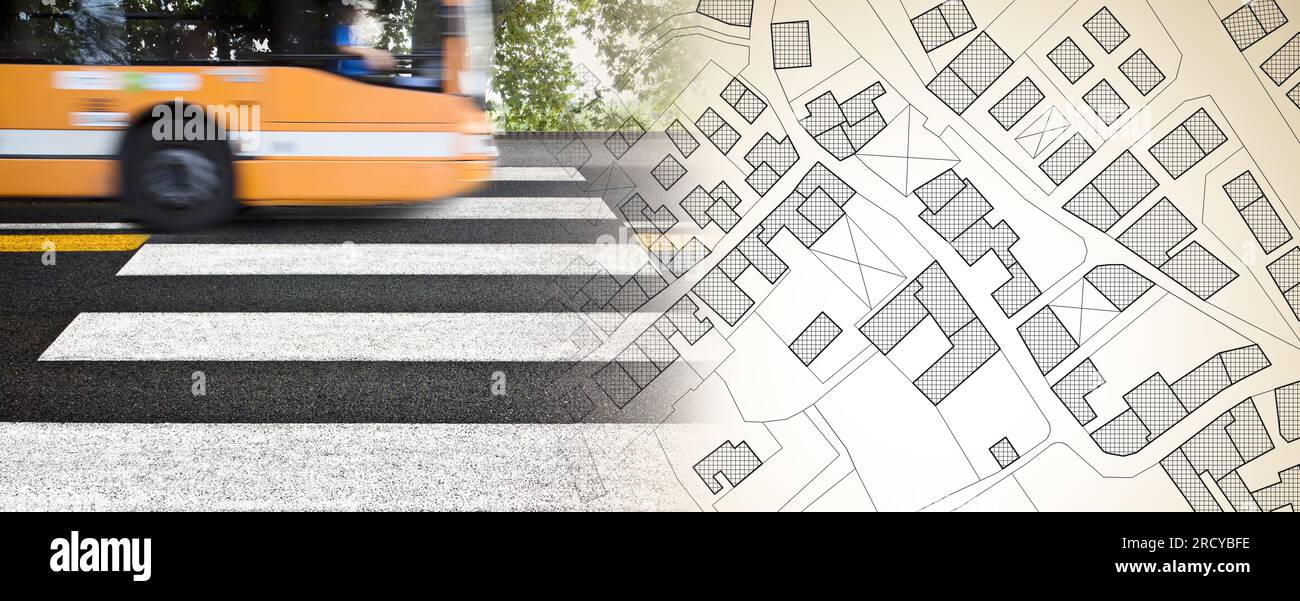 Black and white pedestrian crossing with bus on background against an ...