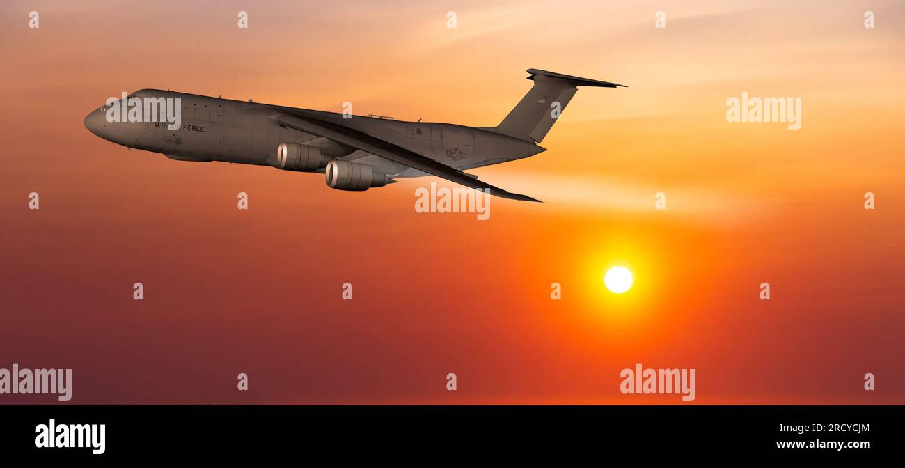 US Air Force military transport airplane on a sunset sky background ...