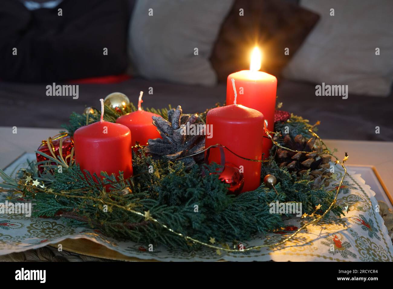 Christmas with red candles and christmas tree balls and green fir ...