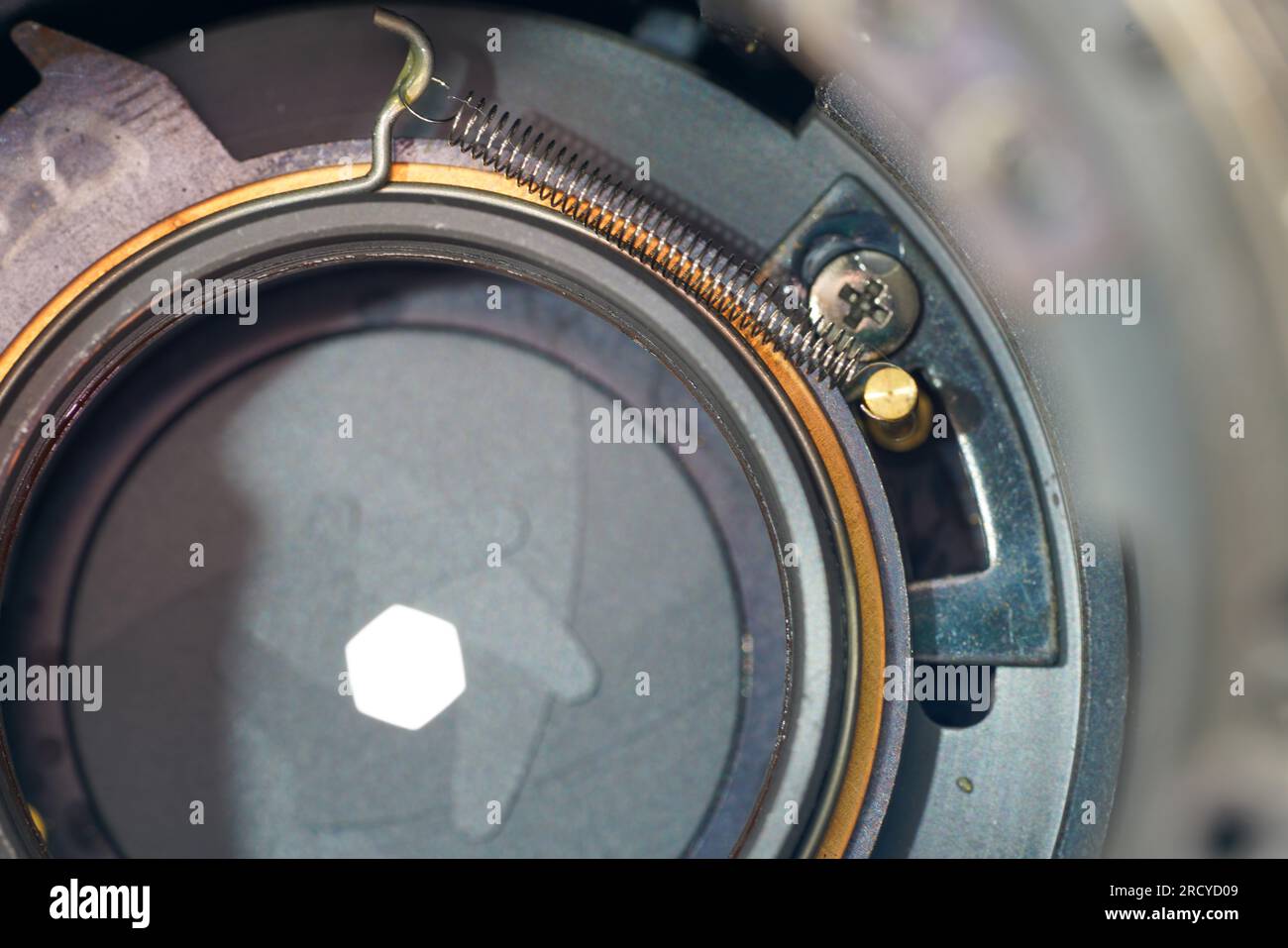 Camera lens with light and lens flare, closeup. Selective focus Stock Photo Alamy