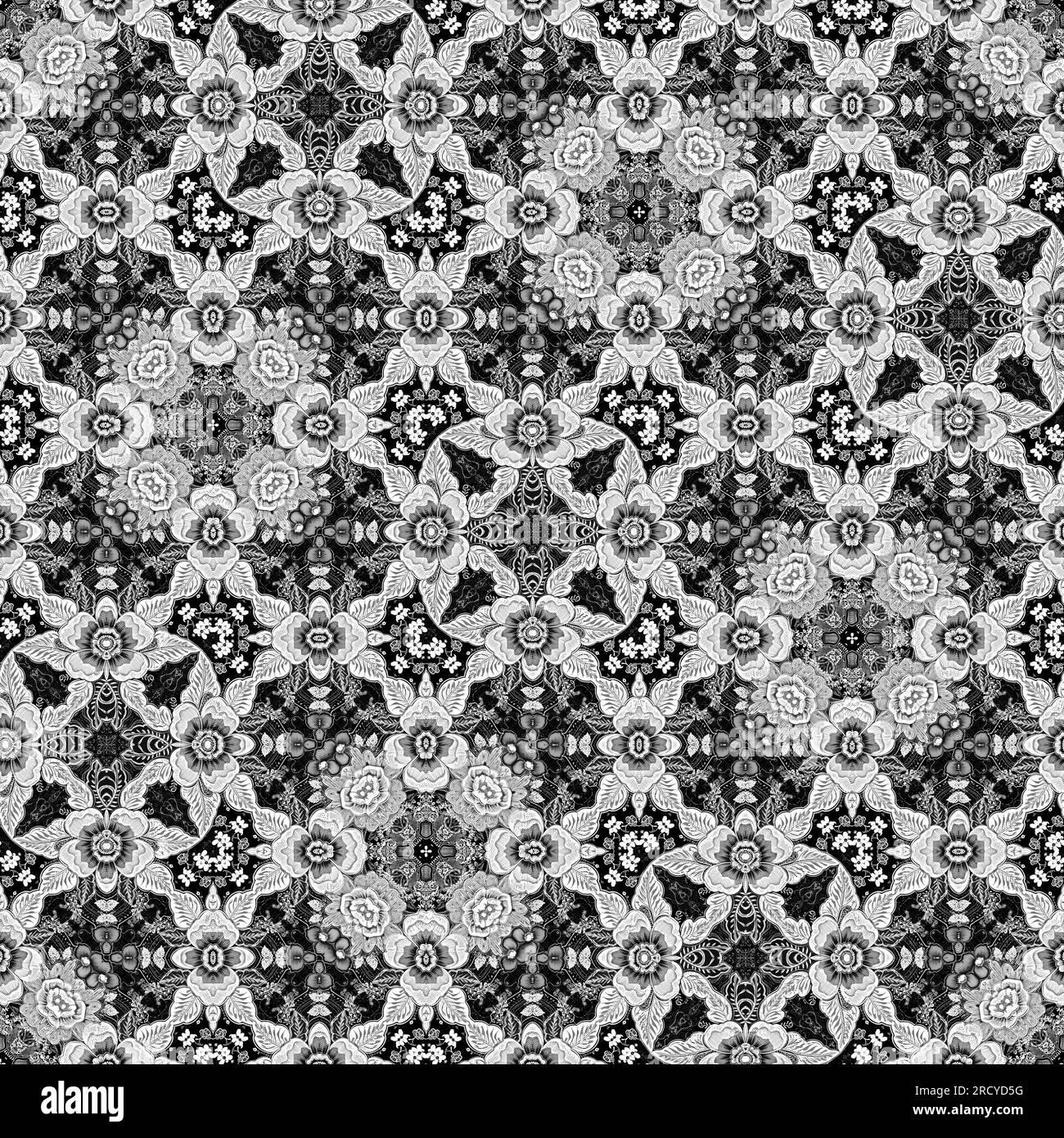 Intricate black and white lace folk flower pattern with an elegant ...