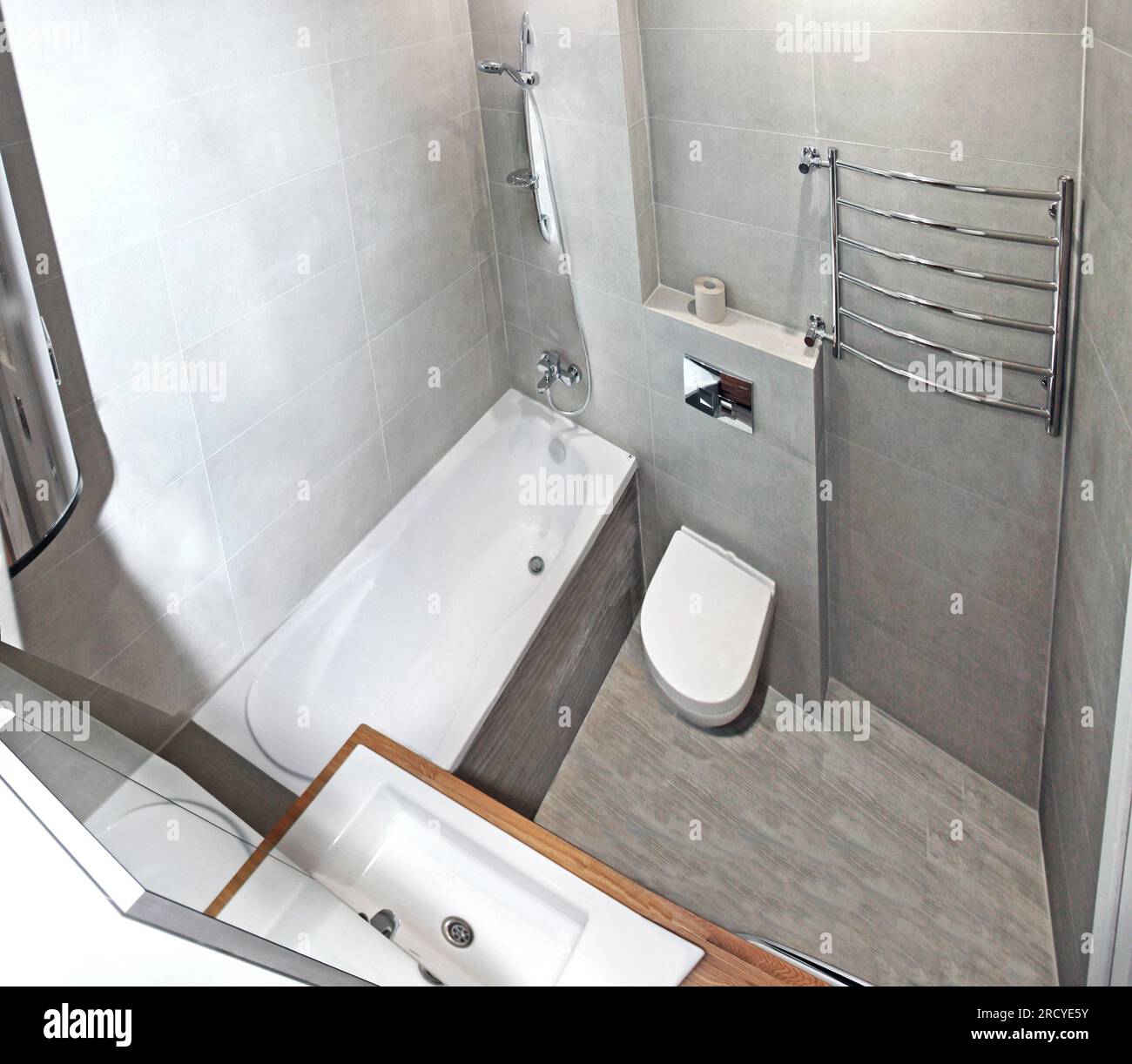 minimalist style bathroom interior with wooden oak bedside table boller, top view, scandinavian motifs, Stock Photo