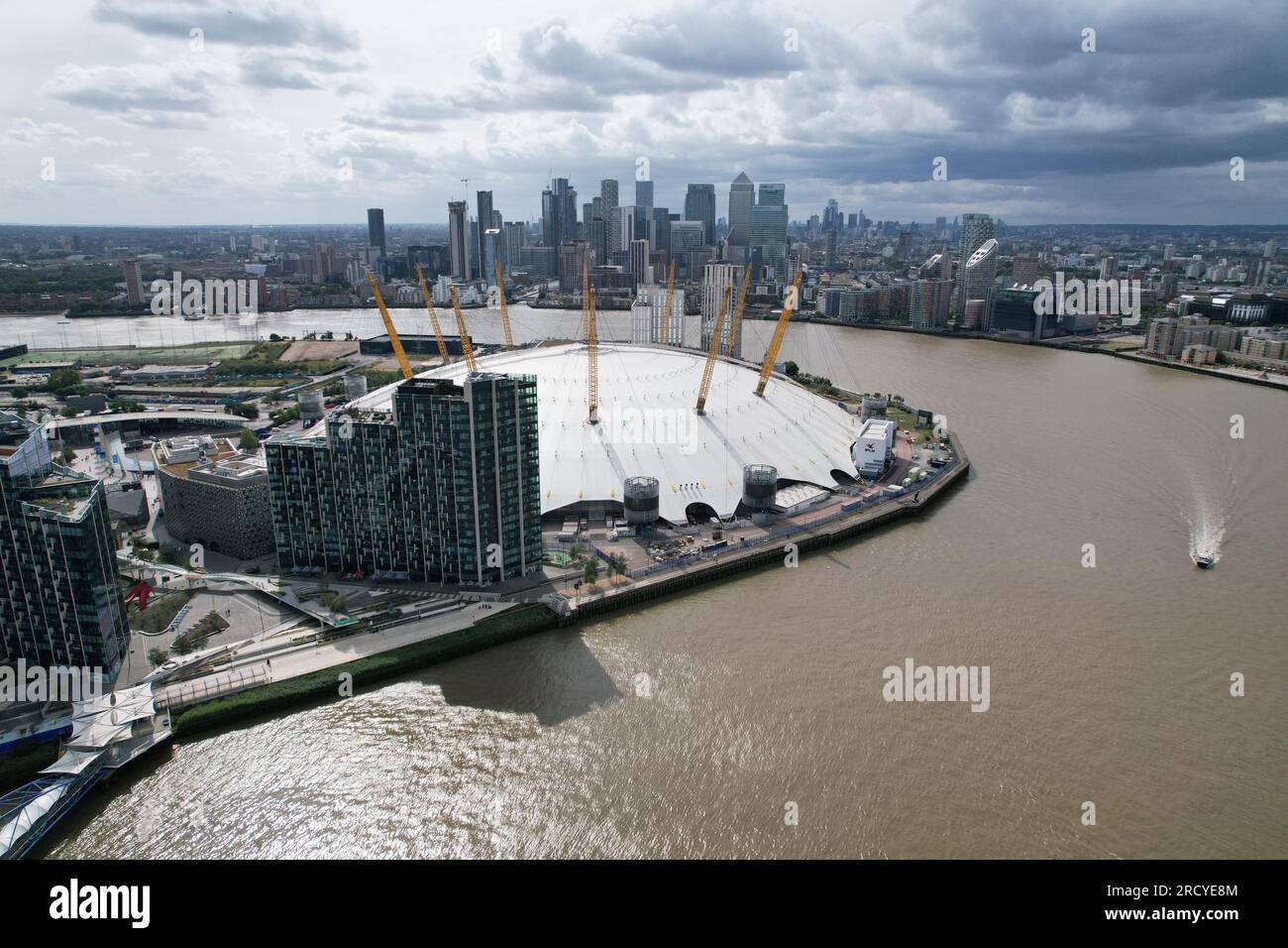 London O2 arena London city skyline in background UK Aerial Stock Photo